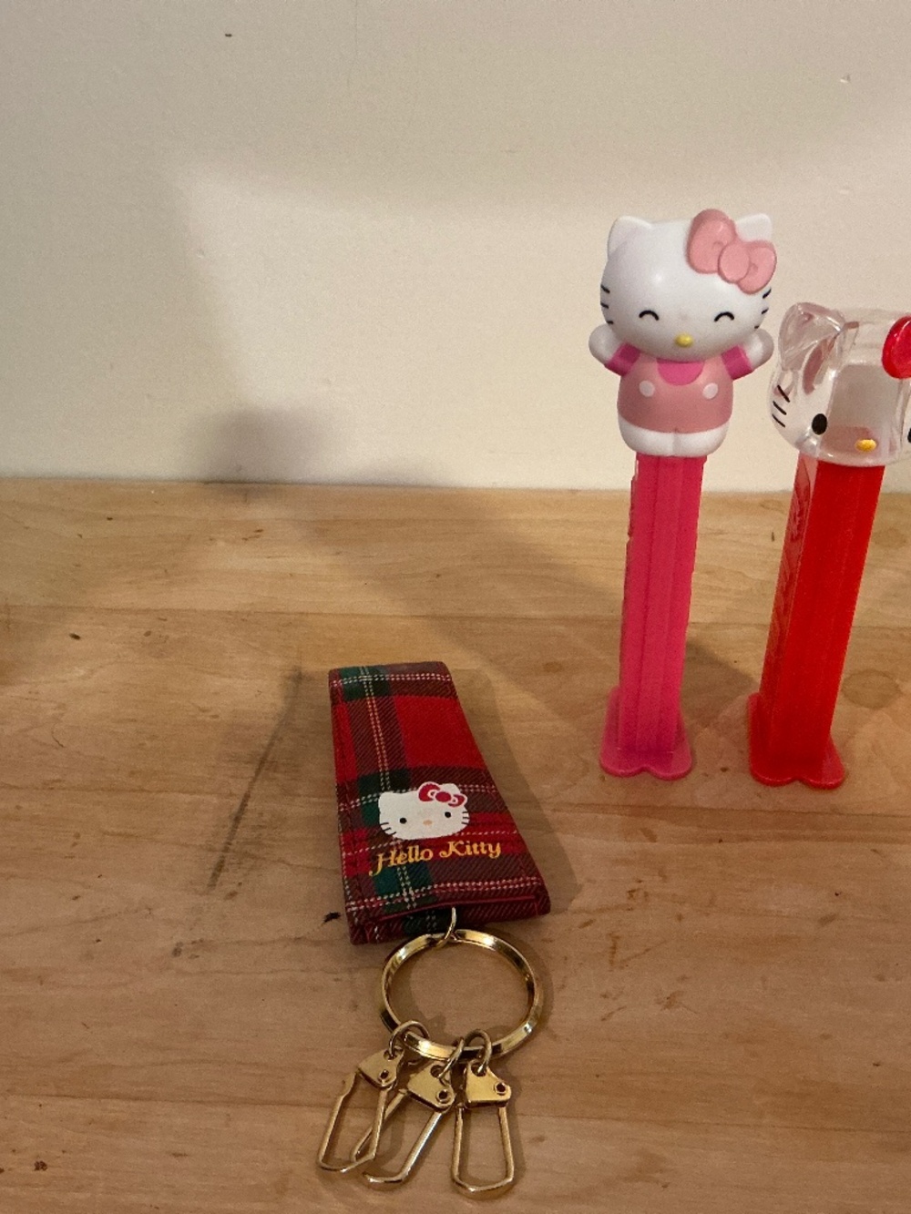 Hello Kitty Tartan Key Ring and two Hello Kitty Pez dispensers